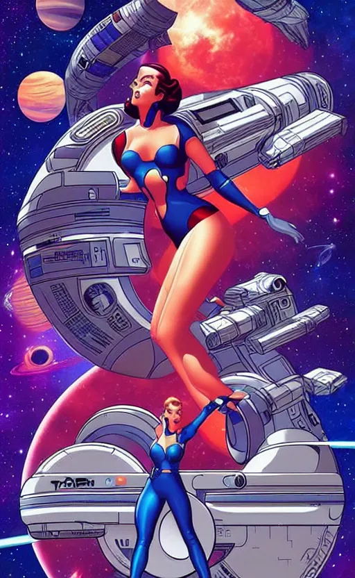 Image similar to a space travel poster, space opera, retro - futuristic poster style by artgerm and arthur adams, amazing composition