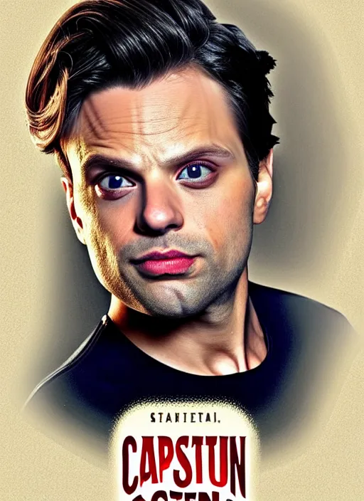 Image similar to highly detailed comedy caper movie poster with zany silly wacky sebastian stan as a sentient flan puddihg, sebastian stan face made from flan pudding by greg rutkowski, masterpiece, 1 0 / 1 0