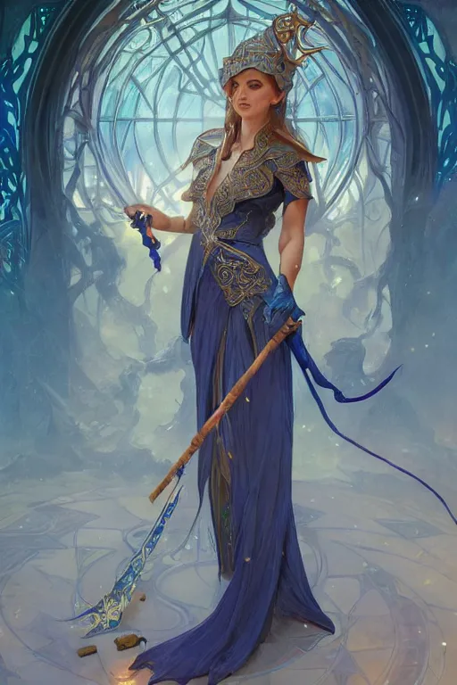 Prompt: a female magician elf holding her staff, blue colors, fantasy, intricate, elegant, epic highly detailed, digital painting, artstation, concept art, smooth, sharp focus, illustration, art by artgerm and greg rutkowski and alphonse mucha