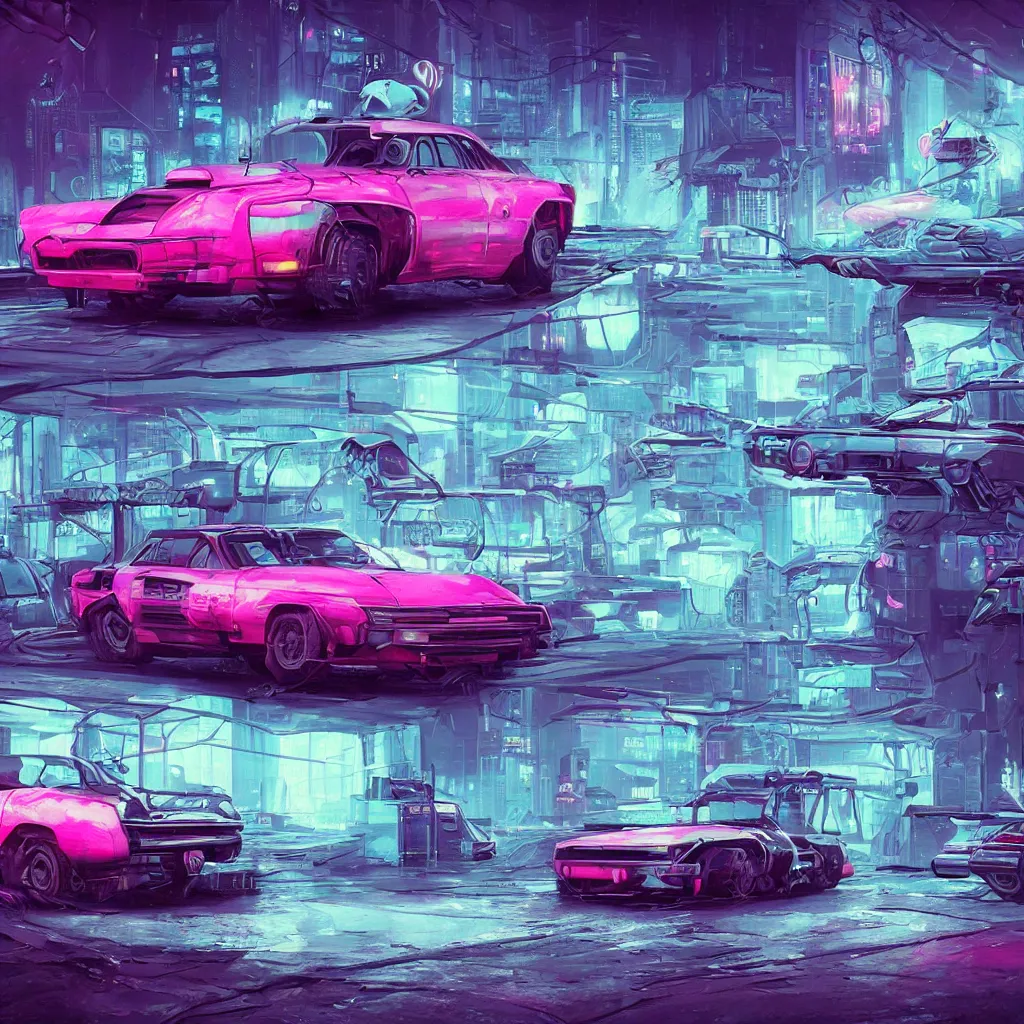 Image similar to cyberpunk synthwave an old soviet car in the soviet yard, intricate, elegant, concept art, smooth, sharp, focus, futuristic, cgsociety, in the style of artstation