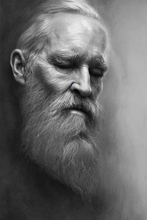 Image similar to a stunning ultra realistic pencil drawing of a content old man with a long gray beard, peaceful and graceful, by dirk dzimirsky and tom bagshaw, studio portrait, pencil and charcoal, melancholic, catchlight in the eyes, 4K