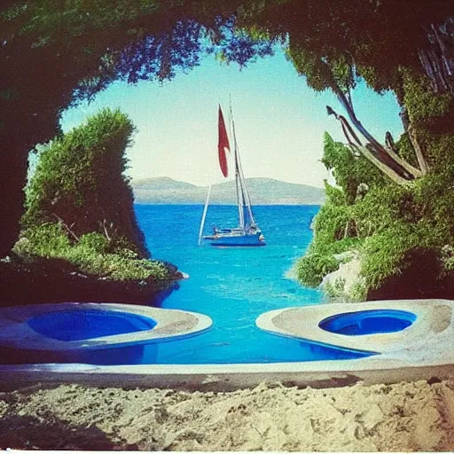 Image similar to “A photo of a beach and a french garden in 1993, tarot-like landscape it's lit by the camera flash. Surreal Greek architecture, mason, occult tarot symbols. Far away sail boat at the ocean”