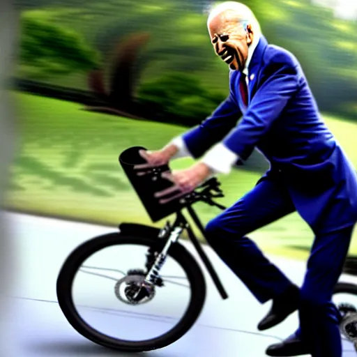 Image similar to ultra realistic photo of joe biden falling off of his bike, film, perfect face, in the style of a candid photo