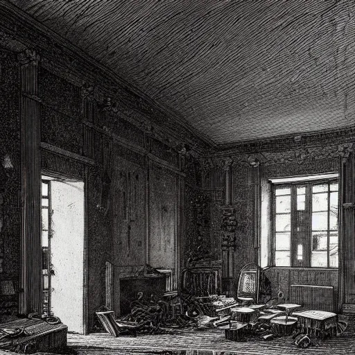 Image similar to living room of an abandonded house, illustration by Gustav Doré