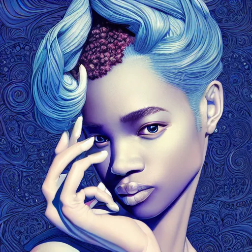 Image similar to the portrait of a blueberry that resembles an absurdly beautiful, graceful, elegant, sophisticated young black woman, an ultrafine hyperdetailed illustration by kim jung gi, irakli nadar, intricate linework, bright colors, octopath traveler, final fantasy, unreal engine 5 highly rendered, global illumination, radiant light, detailed and intricate environment