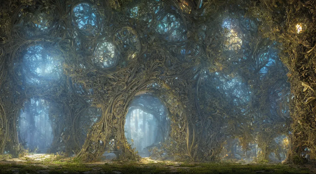 Image similar to ancient structure, large illuminated gateway, fractal structure, cellular biology, thick forest, many flowers by glenn small, by ernst haeckel, by albert bierstadt, photorealistic, zaha hadid, god rays, volumetric lighting, detailed, intricate, delicate, raytrace, octane, light fog, neon, bladerunner