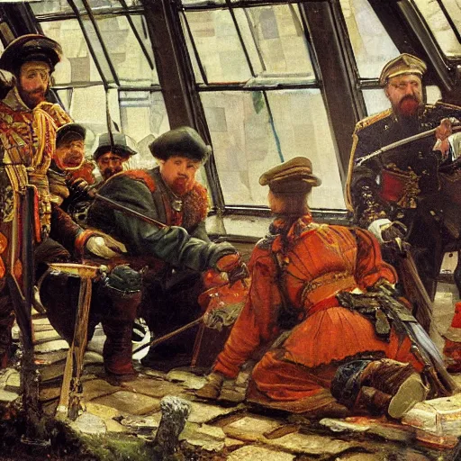 Prompt: Peter The Great reinstalls windows 95 by vasnetsov and surikov serov, JEAN-VICTOR BERTIN, by Terence Cuneo, detailed, artfully traced, 4k resolution, cinematic, dramatic