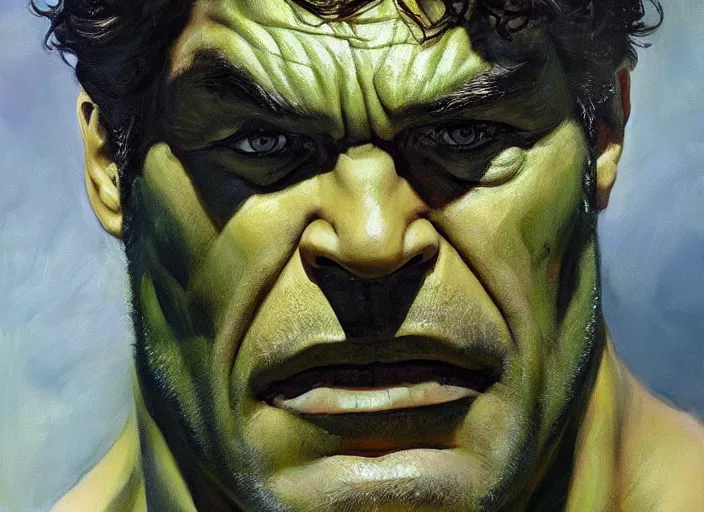 Image similar to a highly detailed beautiful portrait of mark ruffalo as the hulk, by gregory manchess, james gurney, james jean