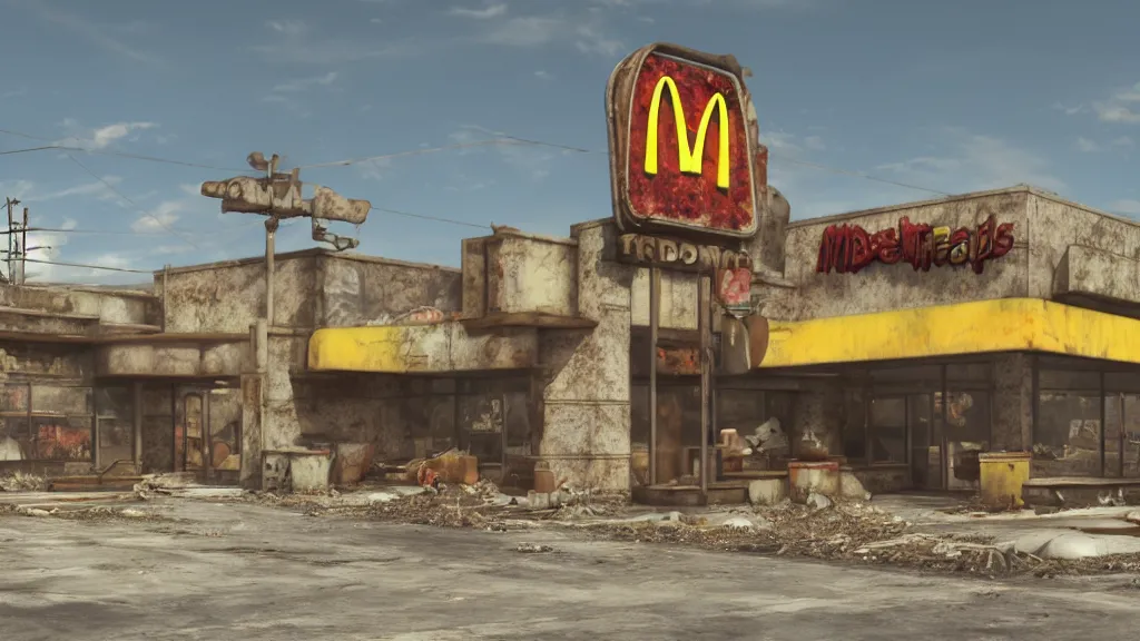 Prompt: post apocalyptic McDonalds::100, fallout, wasteland, octane render, 8k