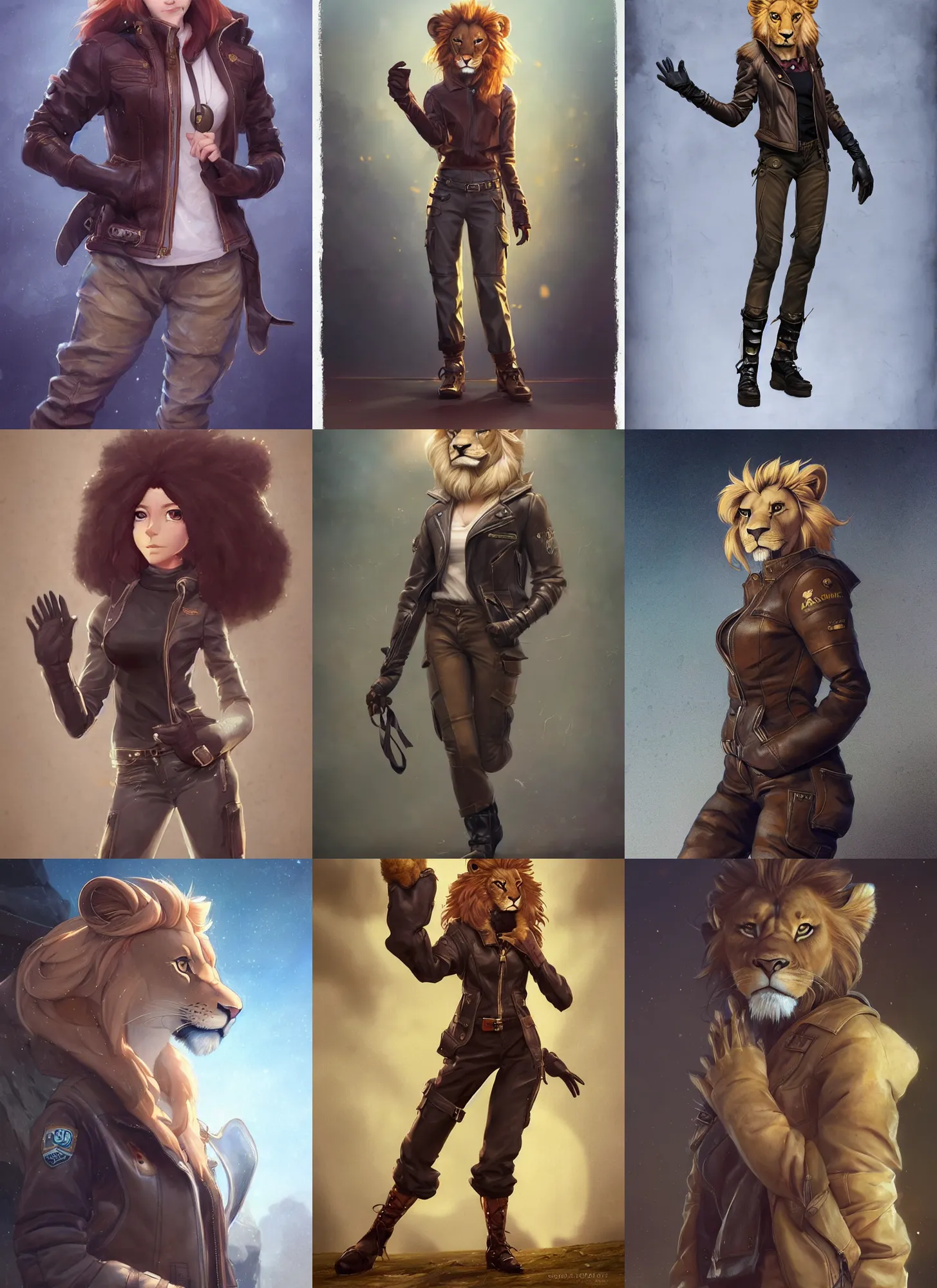 Image similar to beautiful portrait of a female anthropomorphic lion fursona wearing a leather jacket. leather gloves. leather boots. cargo pants. character design by charlie bowater, ross tran, artgerm, and makoto shinkai, detailed, soft lighting, rendered in octane