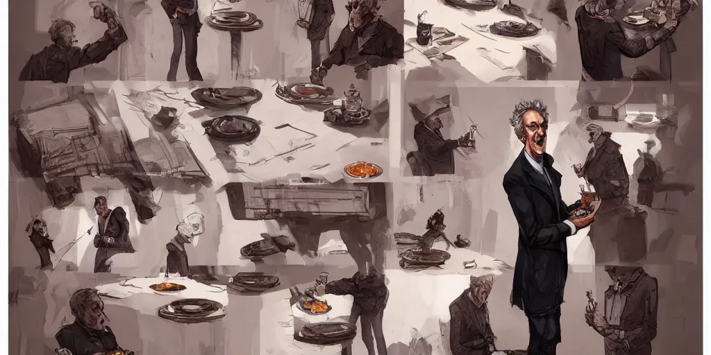 Image similar to cartoonish peter capaldi eating dinner, character sheet, fine details, concept design, contrast, kim jung gi, greg rutkowski, trending on artstation, 8 k, full body, turnaround, front view, back view, ultra wide angle