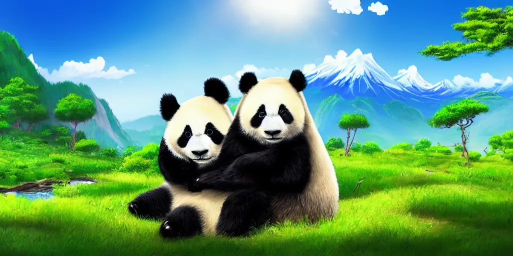 Prompt: a sweet panda in the foreground, a green lifeful landscape with mountains seas and big trees, hyperrealistic, highly detailed, 4k, blue sky with clouds and the sun