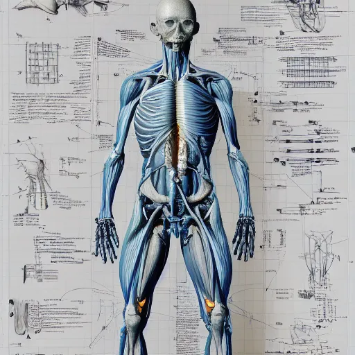 Image similar to detailed and intricate design of a full body of human anatomy, 3 d design, great finesse organic hyper detailed, engineering blueprints, technical drawings, calculus, stained paper, hyperrealistic, ultra detailed, 4 k, octane render, unreal engine