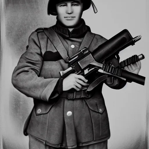 Prompt: A portrait of a man holding a mg42 machine gun in military attire. Black and white, grainy, hyper detailed.