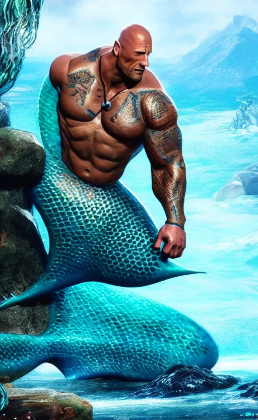 Prompt: dwayne johnson as a charming mermaid work safe dreamlike, character art, hyperdetailed, 8 k realistic, unreal engine, cryengine, dof, trending on artstation, digital art