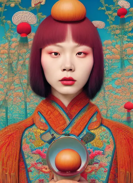 Image similar to pretty chinese model with hallucination mushroom : : by martine johanna and simon stalenhag and chie yoshii and casey weldon and wlop : : ornate, dynamic, particulate, rich colors, intricate, elegant, highly detailed, centered, vogue, harper's bazaar art, fashion magazine, smooth, sharp focus, octane render, 8 k