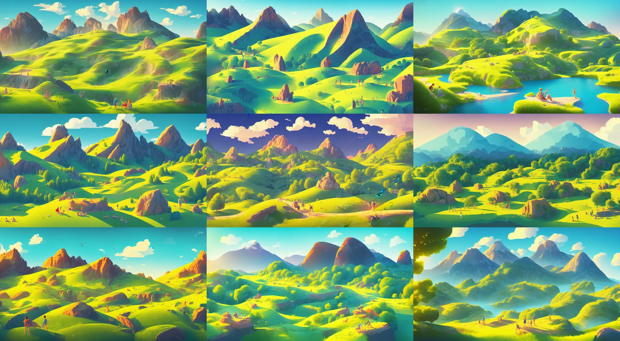 Prompt: illustration by tom haugomat, matt murphy, thomas danthony and malika favre, summer landscape with mountain, vector illustration, rossdraws global illumination