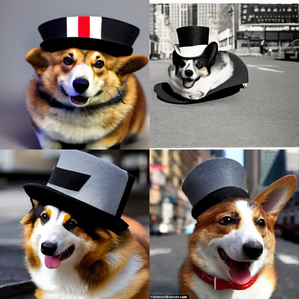 Prompt: a welsh corgi wearing a tophat in newyork