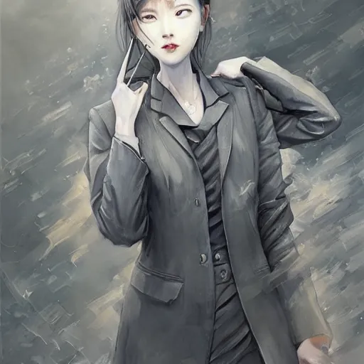 Image similar to dynamic composition, motion, ultra-detailed, incredibly detailed, a lot of details, amazing fine details and brush strokes, colorful and grayish palette, smooth, HD semirealistic anime CG concept art digital painting, watercolor oil painting of a young office lady, by a Chinese artist at ArtStation, by Huang Guangjian, Fenghua Zhong, Ruan Jia, Xin Jin and Wei Chang. Realistic artwork of a Chinese videogame, gradients, gentle an harmonic grayish colors.