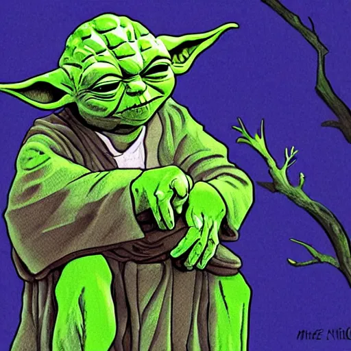 Image similar to yoda sitting in a tree, illustration by mike willcox