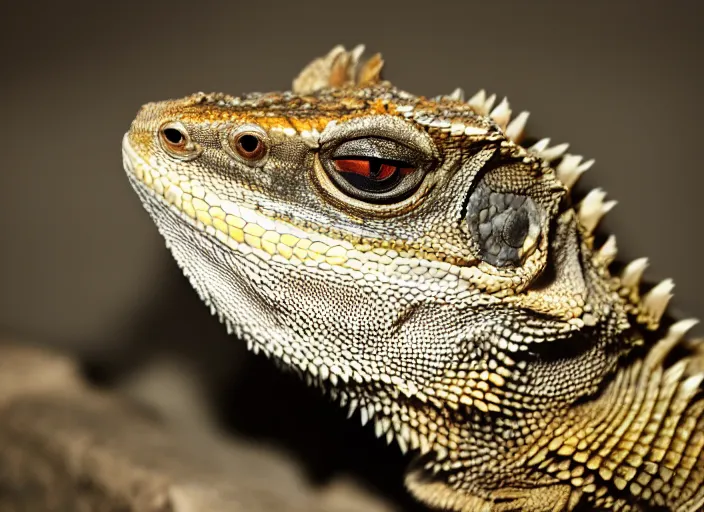 Image similar to dslr portrait still of a bearded dragon!!! with a large white beard!!!, 8 k 8 5 mm f 1. 4