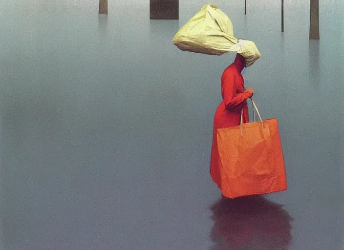 Prompt: woman dressed in plastic bags in paper bag over the head on flooded street Edward Hopper and James Gilleard, Zdzislaw Beksinski, highly detailed