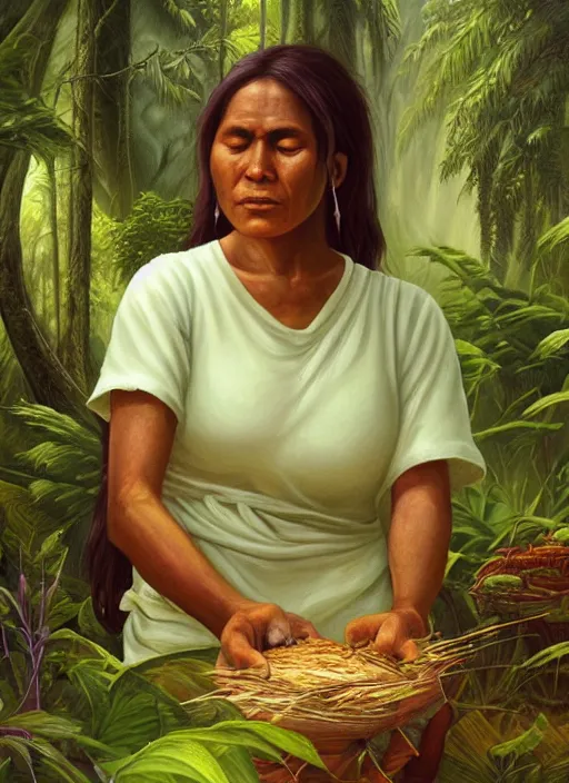 Image similar to a beautiful close up portrait of an indigenous woman preparing plant medicines in the jungle, highly detailed, art by christophe vacher
