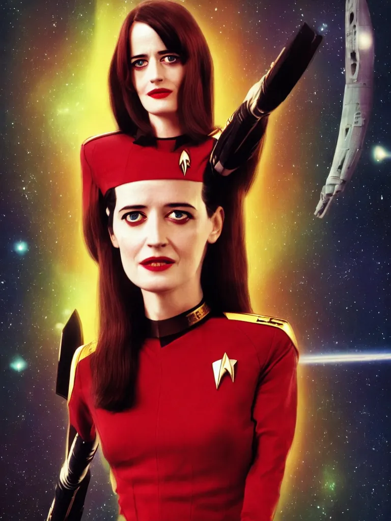 Image similar to a full body photograph of 3 0 year old eva green as a star fleet officer from star trek next generation, ultra rendered, extreme realism and detail, 8 k, highly detailed, realistic, completely framed, hyper realistic, colorful, direct lighting, 3 5 mm photo, photorealistic, sharp focus