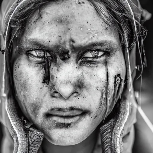 Image similar to photographic portrait of a poor techwear woman holding back tears, a futuristic shanty town burns in the background, closeup, sigma 85mm f/1.4, 4k, depth of field, high resolution, 4k, 8k, hd, full color