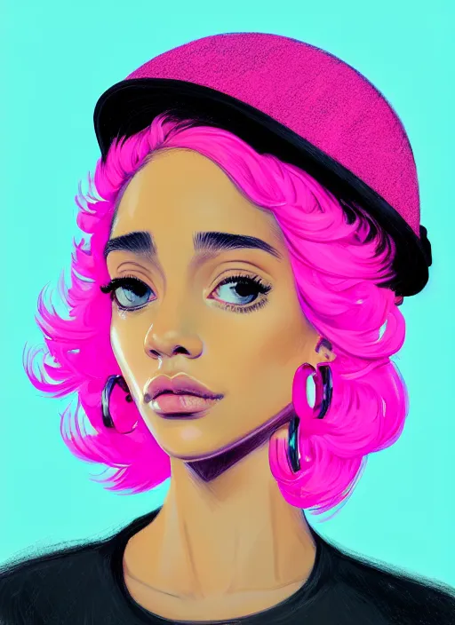 Image similar to portrait of teenage vanessa morgan with bright pink hair, black girl, curly pixie cut hair, wearing newsboy cap, pink short haircut, newsboy cap, hoop earrings, blue eyes, intricate, elegant, glowing lights, highly detailed, digital painting, artstation, concept art, smooth, sharp focus, illustration, art by wlop, mars ravelo and greg rutkowski