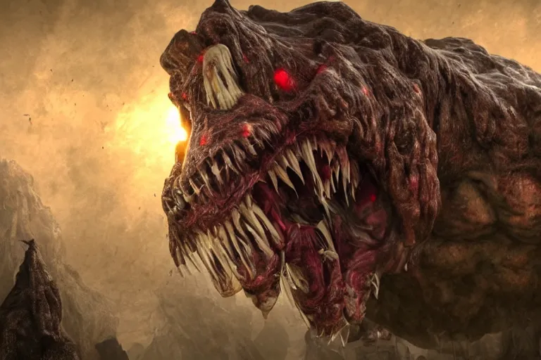 Image similar to a giant disgusting behemoth made of muscles and flesh, very angry, teeth, ambient light, terror, glows, realistic, photo-realism, hyper realism, picture, detailed, 3D render, scary, distant shot, in the distance,