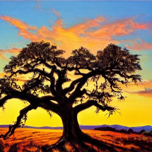 Prompt: a large-dead-oak atop a hill with a bright-sunset behind it by bob ross