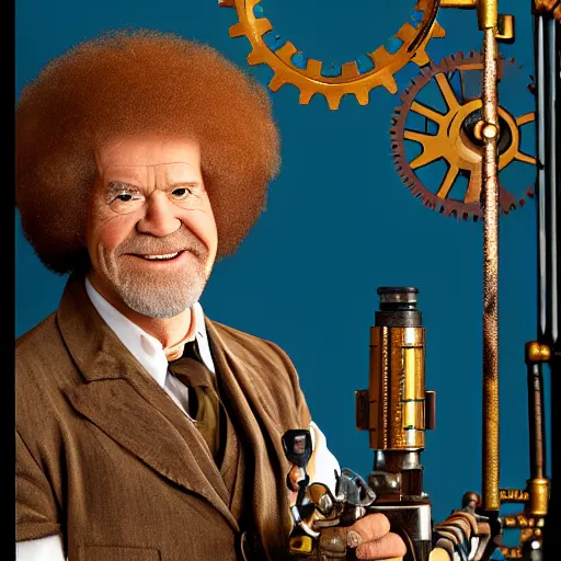 Image similar to Bob Ross as a clockwork robot steampunk style, highly detailed, intricate, various gears, studio lighting, award winning, by Chris Cole, Ken Draim, David Bowmen