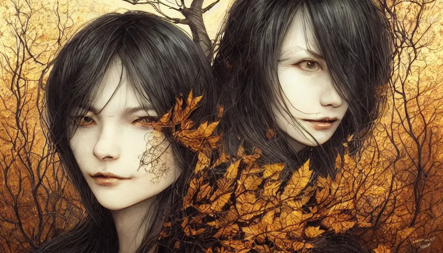 Image similar to dark colors, golden leaves at frame border, creative!!! composition for a book cover!!!, absurdly beautiful, ultrafine hyperrealistic detailed old!! witch face by wlop and artgerm and greg rutkowski, intricate linework, sharp focus, smooth, octopath traveler, final fantasy, unreal engine, dramatic lighting, ethereal, 8 k