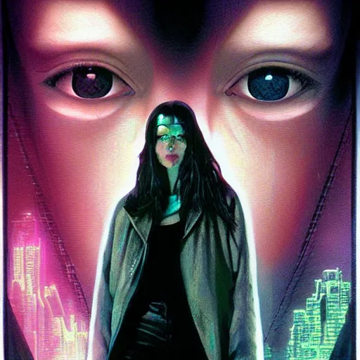 Prompt: Molly from the novel Neuromancer, eye implants, portrait shot, cyberpunk, illustration, poster art by Drew Struzan