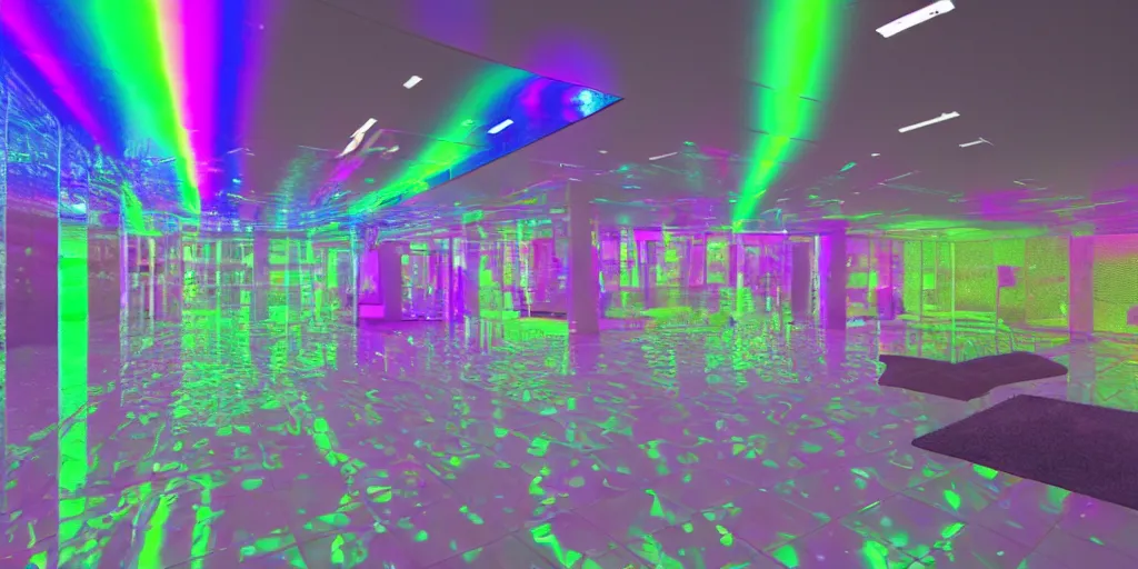 Prompt: photorealistic iridescent glittering living space featuring future tech with stunning indirect iridescent fluorescent lighting and specular highlights and floor of highly reflective rainbow coloured glass tiles