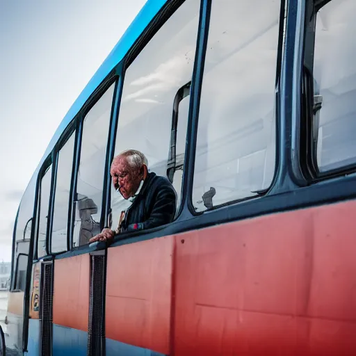 Image similar to a elderly man standing on top of a transperth bus, canon eos r 3, f / 1. 4, iso 2 0 0, 1 / 1 6 0 s, 8 k, raw, unedited, symmetrical balance, wide angle