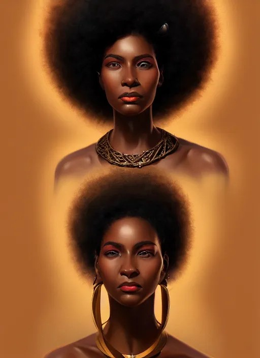 Image similar to portrait of young black woman with two stand twits, afro - futurist style, intricate, elegant gleaming jewelry, angelic halo, highly detailed, digital painting, artstation, concept art, smooth, sharp focus, illustration, art by wlop, mars ravelo and greg rutkowski