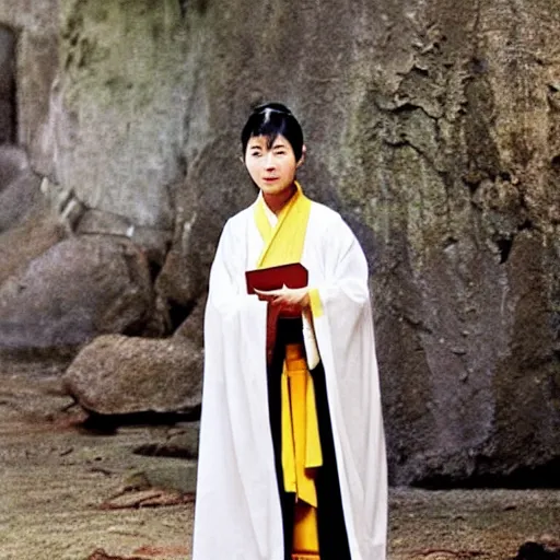 Prompt: Priest Tripitaka played by bald teenage Masako Natsume on a pilgrimage to India to fetch holy scriptures and save the world, IMAX Movie Still