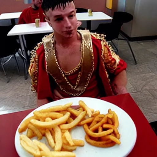 Image similar to roman centurion eating at a mcdonalds, swag