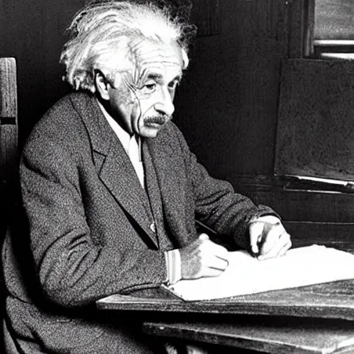 Prompt: Albert Einstein as a child making a crayon drawing of rocket
