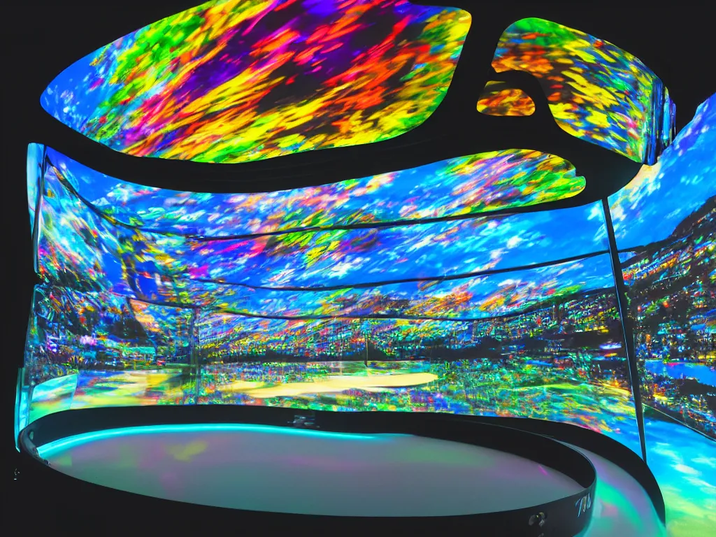 Prompt: visor with curved translucent screens projecting detailed art ( 2 0 4 2 ), large colorful images, pixel perfect photograph, high contrast, volumetric lighting, thin glowing lights, chair, users, pair of keys