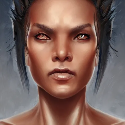 Prompt: beautiful, very strong, mixed race, female, aged 4 0, face, no makeup, head shot, fantasy, highly detailed, digital painting, artstation, concept art, smooth, sharp focus, illustration, art by brom