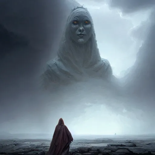Image similar to stone humanoid colossus by grzegorz rutkowski and richard wright and peter mohrbacher, atmospheric haze, stormy, tundra, woman in cloak in foreground silhouette, large scale
