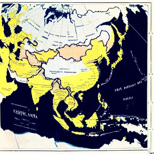 Prompt: monochrome map of Asia with USSR highlighted, 1945