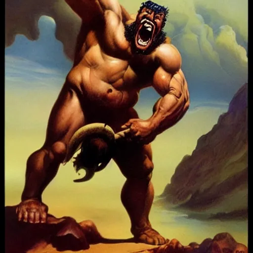 Image similar to hairy, heavy set, overbearing, hungry, menacing, giant painted by boris vallejo, frazetta