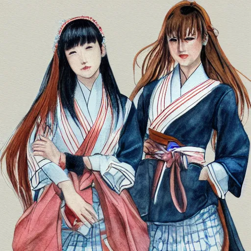 Prompt: a perfect, realistic professional digital sketch of a Japanese schoolgirls posing in Versailles, style of Marvel, full length, by pen and watercolor, by a professional American senior artist on ArtStation, a high-quality hollywood-style sketch, on high-quality paper