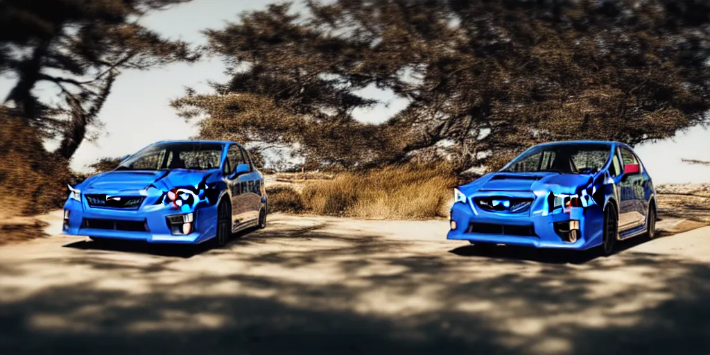 Image similar to photograph, 2014 Subaru WRX STi, cinematic, PCH, california coast, 8k, depth of field, bokeh.