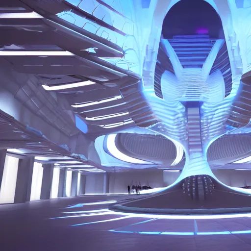 Image similar to a futuristic cyberpunk temple designed by zaha hadid, unreal engine, night lights, the evolution of humans shown in architectural drawing section