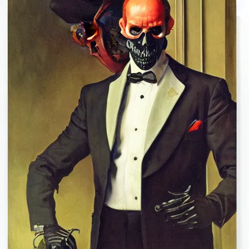 Image similar to frontal portrait of a suited man with medical gloves and a skull face mask, by Gerald Brom and Norman Rockwell